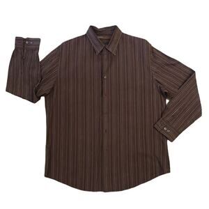 Perry Ellis‎ Men's Dress Shirt Size XL Brown Striped-Button Up 100% Cotton